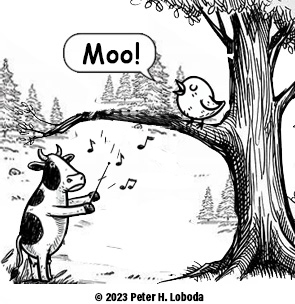 A cartoon of a cow standing on her hind legs with a conductors baton in her right hoof, conducting a bird in a tree to sing MOO!